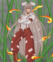 Rule 34 | 1girl, bamboo, bamboo forest, collar, crossed arms, fire, forest, fujiwara no mokou, grey hair, long hair, nature, overalls, pants, ribbon, solo, touhou, versapro, very long hair, white hair