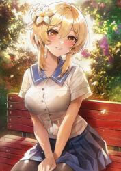 Rule 34 | 1girl, absurdres, alternate costume, bench, black pantyhose, blonde hair, blue skirt, blush, brown eyes, buttons, colorless (shachiwhitebb), contemporary, day, flower, genshin impact, gradient eyes, grin, hair flower, hair ornament, hand on own thigh, heart, heart-shaped pupils, highres, lily (flower), looking at viewer, lumine (genshin impact), multicolored eyes, on bench, outdoors, pantyhose, revision, school uniform, shirt, short hair with long locks, short sleeves, sitting, skirt, smile, solo, symbol-shaped pupils, taut clothes, taut shirt, white flower, white shirt, wooden bench, yellow eyes