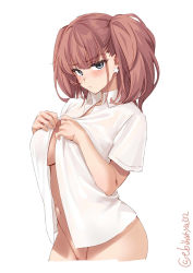 Rule 34 | 1girl, atlanta (kancolle), blush, bottomless, breasts, brown hair, buttoning, cowboy shot, dress shirt, earrings, ebifurya, grey eyes, highres, jewelry, kantai collection, large breasts, long hair, looking at viewer, looking to the side, naked shirt, navel, no bra, no panties, open clothes, open shirt, shirt, simple background, star (symbol), star earrings, stomach, twitter username, two side up, white background, white shirt