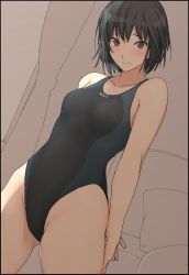 Rule 34 | 1girl, amagami, arms behind back, black hair, blush, breasts, brown background, brown eyes, competition swimsuit, dutch angle, gluteal fold, legs apart, looking at viewer, medium breasts, mobu, monochrome background, nanasaki ai, one-piece swimsuit, short hair, smile, solo, swimsuit