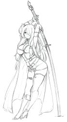 Rule 34 | 1girl, arched back, arms behind head, arms up, barbariank, belt, blush, boots, braid, breasts, cape, commentary, draph, english commentary, full body, gloves, granblue fantasy, greyscale, hair over one eye, hands on hilt, high heel boots, high heels, highres, horns, huge weapon, katana, knee boots, large breasts, leaning forward, long hair, looking at viewer, monochrome, narmaya (granblue fantasy), planted, pointy ears, single knee boot, single thigh boot, smile, solo, sword, thigh boots, thigh strap, thighhighs, weapon
