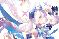 Rule 34 | 1girl, blue horns, blue wings, demon girl, demon horns, elsword, hair ornament, highres, horns, looking at viewer, low twintails, luciela r. sourcream, noblesse (elsword), pointy ears, solo, tbsic, twintails, white hair, wings