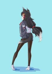 Rule 34 | &gt;:), 1girl, absurdres, animal ears, black hair, black pantyhose, blue background, full body, hands in pockets, highres, hololive, hood, hood down, hoodie, long hair, ookami mio, ookami mio (casual), pantyhose, red hair, risian, short shorts, shorts, smile, tail, virtual youtuber, white hair, wolf ears, wolf tail