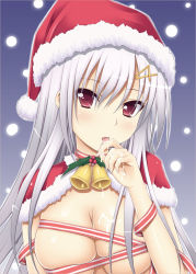 Rule 34 | 1girl, bell, neck bell, blush, breasts, christmas, cleavage, collar, cum, cum on body, cum on upper body, hair ornament, hairclip, hat, highres, jingle bell, large breasts, licking, long hair, naked ribbon, no bra, open mouth, original, red eyes, ribbon, santa hat, shake (ferit3), silver hair, snow, solo, tongue