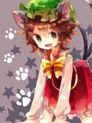Rule 34 | 1girl, animal ears, brown eyes, brown hair, cat ears, cat tail, chen, frilled skirt, frills, hat, long sleeves, mob cap, multiple tails, nekomata, nikorashi-ka, one-hour drawing challenge, puffy long sleeves, puffy sleeves, red skirt, short hair, skirt, skirt set, solo, tail, touhou, two tails