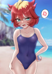 Rule 34 | 1girl, absurdres, ahoge, anger vein, bare arms, beach, blonde hair, blue one-piece swimsuit, blurry, blurry background, blush, breasts, collarbone, commentary request, covered navel, cowboy shot, creatures (company), day, eyelashes, game freak, green eyes, hand on own hip, hand on own thigh, highres, holding, holding poke ball, looking at viewer, lower teeth only, mela (pokemon), multicolored hair, nintendo, one-piece swimsuit, open mouth, outdoors, poke ball, poke ball (basic), pokemon, pokemon sv, red hair, ririsu082, school swimsuit, shore, sky, small breasts, solo, spoken anger vein, swimsuit, teeth, tongue, two-tone hair