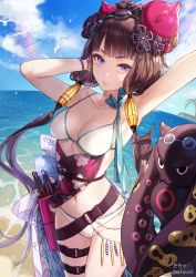 Rule 34 | 1girl, animal, arm up, armpits, artist name, bare shoulders, belt, bikini, bird, blue eyes, blue sky, bracelet, breasts, cleavage, cloud, collarbone, day, fate/grand order, fate (series), floral print, goggles, goggles on head, hair ornament, hand up, highres, horizon, jewelry, katsushika hokusai (fate), katsushika hokusai (swimsuit saber) (fate), kim eb, leg belt, lens flare, long hair, looking at viewer, low twintails, medium breasts, navel, ocean, octopus, outdoors, purple hair, sky, smile, sunlight, swimsuit, tokitarou (fate), twintails, very long hair, white bikini