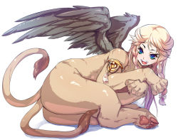 Rule 34 | 1girl, animal hands, blonde hair, blue eyes, braid, chimera, female focus, full body, fur, hair ribbon, lion, long hair, lying, monster girl, multiple tails, open mouth, pawpads, ribbon, shisyonemu, simple background, slit pupils, solo, sphinx, tail, white background, wings