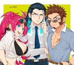 Rule 34 | 1girl, 2boys, adjusting eyewear, ahoge, beard, black hair, blue eyes, brown hair, facial hair, fate/extra, fate/grand order, fate (series), francis drake (fate), gradient hair, hand on eyewear, large pectorals, long hair, long sideburns, long sleeves, looking at viewer, multicolored hair, multiple boys, muscular, napoleon bonaparte (fate), nikola tesla (fate), open clothes, open mouth, pants, pectorals, pink hair, scar, scar on face, shitappa, sideburns, simple background, smile