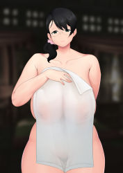Rule 34 | 1girl, bare shoulders, belly, blush, breasts, cattleya (queen&#039;s blade), completely nude, female focus, female pubic hair, glasses, highres, huge breasts, inverted nipples, looking at viewer, mature female, moebell, naked towel, navel, nipples, nude, plump, pubic hair, queen&#039;s blade, sagging breasts, scrunchie, see-through, solo, thick thighs, thighs, towel, uncensored