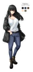 Rule 34 | 1girl, absurdres, black hair, black jacket, blunt bangs, breasts, casual, cleavage, closed mouth, color guide, commentary, converse, denim, english commentary, english text, grey eyes, hand in pocket, hand on own cheek, hand on own face, highres, jacket, jeans, large breasts, long hair, looking at viewer, lynus, naoko-san, original, pants, shirt, shoes, sneakers, solo, squatting, standing, tank top, white background, white shirt