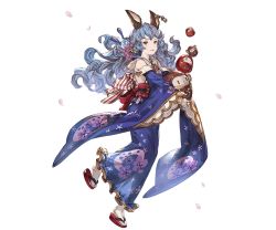Rule 34 | 10s, 1girl, animal ears, backless outfit, blue hair, brown eyes, daruma doll, detached sleeves, earrings, erune, ferry (granblue fantasy), floral print, full body, fur trim, granblue fantasy, holding, japanese clothes, jewelry, kimono, long hair, looking at viewer, minaba hideo, obi, petals, sandals, sash, smile, solo, tabi, transparent background, wide sleeves