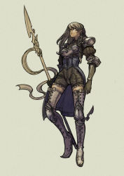 Rule 34 | 1girl, armor, artdink, blonde hair, boots, braid, breastplate, corset, elbow gloves, full body, gloves, highres, long hair, ocean (moguyobi), polearm, ravness loxaerion, shorts, simple background, single braid, solo, spear, standing, tactics ogre, thigh boots, thighhighs, weapon