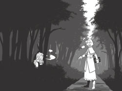 Rule 34 | 2girls, alice margatroid, bad id, bad pixiv id, book, female focus, forest, greyscale, grimoire, grimoire of alice, kirisame marisa, monochrome, multiple girls, nature, outdoors, plant, short hair, surprised, torinone, touhou, tree