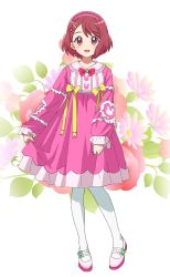 Rule 34 | 1girl, bow, brown hair, dress, floral background, full body, hair bow, hair ornament, hairclip, hanadera nodoka, healin&#039; good precure, highres, kousuke0912, long sleeves, looking at viewer, pantyhose, pink bow, pink dress, precure, red bow, short hair, solo, standing, white pantyhose, yellow bow