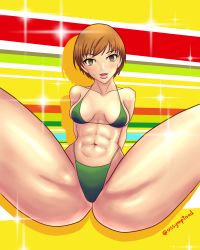 Rule 34 | 1girl, abs, absurdres, assymptoad, bikini, blush, breasts, brown eyes, brown hair, crotch, highres, legs apart, legs up, lipgloss, lipstick, looking at viewer, makeup, navel, persona, persona 4, satonaka chie, short hair, simple background, small breasts, solo, swimsuit, thong bikini, toned, toned female