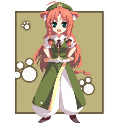 Rule 34 | 1girl, :3, ahoge, animal ears, aqua eyes, beret, bow, braid, cat ears, cat girl, cat tail, china dress, chinese clothes, dress, fang, female focus, full body, green eyes, hair bow, hands on own hips, hat, hong meiling, kemonomimi mode, long hair, pants, paw print, red hair, solo, standing, tail, touhou, twin braids, uruu gekka, white background
