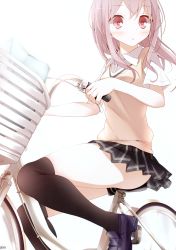 Rule 34 | 1girl, absurdres, basket, bicycle, black skirt, black thighhighs, blush, from below, highres, holding, loafers, long hair, looking at viewer, miniskirt, oouso, original, page number, pink hair, pleated skirt, red eyes, riding, scan, school uniform, shirt, shoes, short sleeves, skirt, solo, sweater vest, thighhighs, white background, white shirt, wing collar