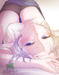 Rule 34 | 1girl, acchun, blue eyes, blush, clip studio paint (medium), arms up, highres, izayoi sakuya, looking at viewer, lying, on back, parted lips, partially undressed, silver hair, solo, thighs, touhou