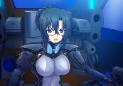 Rule 34 | 1girl, aqua hair, artist request, blue eyes, breasts, cockpit, fortified suit, game cg, glasses, hair bun, highres, komaki sayoko, looking ahead, medium breasts, muv-luv, muv-luv alternative, muv-luv unlimited: the day after, official art, open mouth, parted bangs, pilot suit, single hair bun, sitting, solo, v-shaped eyebrows