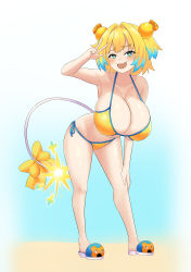 Rule 34 | + +, 1girl, absurdres, bikini, blonde hair, bombergirl, breasts, full body, green eyes, hair ornament, highres, large breasts, looking at viewer, oppai loli, pine (bombergirl), puffywaffles, sandals, short hair, simple background, smile, star-shaped pupils, star (symbol), swimsuit, symbol-shaped pupils, v, white background, yellow bikini