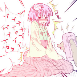 Rule 34 | 1girl, ^^^, blush, discreet vibrator, female focus, flower, gyo, hair flower, hair ornament, hands on stomach, hieda no akyuu, japanese clothes, lightning bolt symbol, looking at viewer, out of frame, pink hair, purple eyes, purple hair, remote control, remote control vibrator, seiza, sex toy, short hair, sitting, solo, solo focus, tears, touhou, trembling, vibrator, vibrator under clothes, wireless sex toy controller
