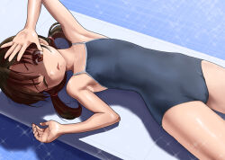 Rule 34 | 1girl, armpits, blue one-piece swimsuit, brown eyes, brown hair, cameltoe, commentary request, competition school swimsuit, covered erect nipples, cowboy shot, flat chest, long hair, low twintails, lying, one-piece swimsuit, original, rohitsuka, school swimsuit, solo, swimsuit, twintails