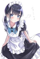 Rule 34 | 1girl, apron, black hair, blue eyes, bow, copyright request, highres, looking at viewer, maid, maid apron, sakura shiori, simple background, smile, solo, twintails, v-shaped eyebrows, white background