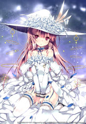 Rule 34 | 1girl, bare shoulders, choker, covered navel, garter straps, hat, kaku-san-sei million arthur, long hair, looking at viewer, million arthur (series), nimue (million arthur), official art, pink hair, red eyes, refeia, sitting, solo, thighhighs, wariza, white thighhighs, witch hat