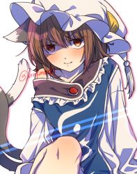 Rule 34 | 1girl, bare shoulders, blush, brown eyes, brown hair, cat tail, chen, closed mouth, cosplay, dress, hat, long sleeves, looking at viewer, multiple tails, oversized clothes, short hair, simple background, solo, tabard, tail, touhou, twitter username, two tails, unkmochi, v-shaped eyebrows, white background, white dress, white hat, yakumo ran, yakumo ran (cosplay)