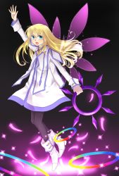 Rule 34 | 00s, 1girl, bad id, bad pixiv id, black background, black pantyhose, blonde hair, blue eyes, chakram, colette brunel, feathers, gradient background, highres, okitsune (okitsune-sama), pantyhose, purple background, solo, tales of (series), tales of symphonia, weapon