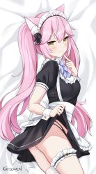 Rule 34 | 1girl, :3, alternate costume, alternate eye color, animal ear fluff, animal ears, apron, bed sheet, black dress, black panties, bow, bowtie, breasts, cat ears, clothes lift, dakimakura (medium), dress, dress lift, enmaided, finger to mouth, frills, highres, kaetzchen, bridal garter, lifted by self, long hair, looking at viewer, lying, maid, maid apron, maid headdress, multi-strapped panties, naughty face, nyatasha nyanners, on side, panties, pink hair, short dress, short sleeves, small breasts, smile, solo, thigh strap, thighs, twintails, underwear, very long hair, virtual youtuber, vshojo, waist apron, wrist cuffs, yellow eyes
