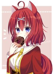 Rule 34 | 1girl, ahoge, amairo islenauts, animal ears, between breasts, blue eyes, blush, breasts, chocolate doughnut, collar, commentary, commission, doughnut, food, food in mouth, hair between eyes, hair ornament, hand up, jacket, large breasts, light brown background, looking at viewer, masaki gaillard, medium hair, necktie, necktie between breasts, notice lines, red fur, red hair, red jacket, ryuua (pink-moon 8739), school uniform, shirt, simple background, solo, tail, twitter username, upper body, white collar, white shirt, wing collar, wolf ears, wolf girl, wolf tail, x hair ornament, yellow necktie, yuzu-soft