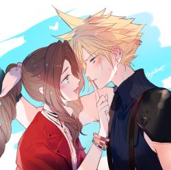 Rule 34 | 1boy, 1girl, aerith gainsborough, armor, blonde hair, blue background, blue eyes, blush, bracelet, braid, braided ponytail, brown hair, choker, cloud strife, earrings, final fantasy, final fantasy vii, final fantasy vii remake, finger to another&#039;s mouth, floves, green eyes, hetero, jacket, jewelry, necklace, red jacket, ribbon, shell (shell518), shoulder armor, spiked hair, square enix, suspenders, sweatdrop, turtleneck, wavy hair