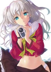Rule 34 | 10s, 1girl, blue eyes, blush, camcorder, charlotte (anime), long hair, looking at viewer, navel, open clothes, open mouth, open shirt, open skirt, panties, school uniform, serafuku, shirt, silver hair, simple background, skirt, solo, tomori nao, twintails, two side up, underwear, video camera, white panties, yu yu