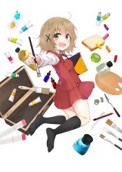 Rule 34 | 1girl, :d, black socks, blush, bolo tie, bottle, bread, brown eyes, brown hair, case, colis (regunm772), collared shirt, food, from side, full body, hair between eyes, hair ornament, hidamari sketch, highres, holding, holding paintbrush, inkwell, kneehighs, legs up, long sleeves, looking at viewer, no shoes, open mouth, outstretched arm, paint, paintbrush, palette (object), pastel (game), pen, pencil, pleated skirt, red skirt, red vest, school uniform, shirt, sketchbook, skirt, smile, socks, solo, vest, white shirt, wing collar, x hair ornament, yuno (hidamari sketch)