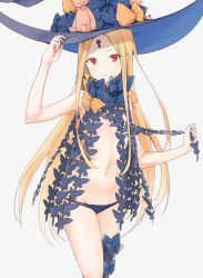Rule 34 | 1girl, abigail williams (fate), abigail williams (second ascension) (fate), arm up, black bow, black hat, black panties, black thighhighs, blonde hair, blush, bow, closed mouth, commentary request, fate/grand order, fate (series), grey background, groin, hand on headwear, hat, hat bow, highres, keyhole, long hair, looking at viewer, mudiv, navel, orange bow, panties, parted bangs, polka dot, polka dot bow, red eyes, revealing clothes, simple background, single thighhigh, solo, stuffed animal, stuffed toy, teddy bear, thighhighs, topless, underwear, very long hair, witch hat