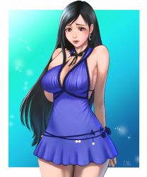 Rule 34 | 1girl, 5tatsu, aqua background, arm behind back, artist name, asymmetrical bangs, bare arms, black hair, blue background, blue dress, blush, border, breasts, brown eyes, choker, cleavage, cowboy shot, crescent, crescent earrings, dress, earrings, final fantasy, final fantasy vii, final fantasy vii remake, gradient background, hand on own chest, highres, jewelry, large breasts, lingerie, long hair, looking at viewer, negligee, official alternate costume, parted lips, ribbon choker, solo, sparkle, square enix, tifa lockhart, tifa lockhart (refined dress), underwear, wall market
