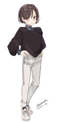 Rule 34 | 1girl, black hair, black shirt, closed mouth, dated, full body, hands on own hips, looking at viewer, maze (gochama ze gohan), original, pants, puffy sleeves, red eyes, shirt, shoes, short hair, signature, simple background, sneakers, solo, standing, sweater under shirt, turtleneck, variant set, white background, white footwear, white pants
