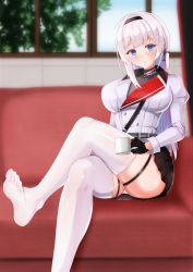 Rule 34 | 1girl, azur lane, blue eyes, blush, breasts, couch, crossed legs, cup, feet, hairband, highres, jacket, jewelry, large breasts, long hair, looking at viewer, mainz (azur lane), military jacket, necklace, panties, pantyshot, parted lips, silver hair, sitting, soles, solo, thighhighs, toes, underwear, white thighhighs