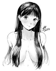 Rule 34 | 1girl, arms behind back, banned artist, blush, breasts, closed mouth, collarbone, commentary request, dated, greyscale, hair censor, hair over breasts, highres, kamiyama aya, large breasts, long hair, looking at viewer, monochrome, original, signature, simple background, solo, sweat, upper body, white background