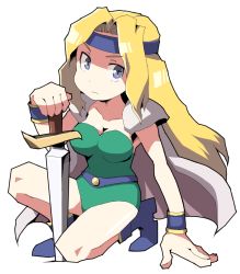 Rule 34 | 1girl, blonde hair, blue eyes, breasts, cape, celes chere, cleavage, closed mouth, dokan (dkn), final fantasy, final fantasy vi, green leotard, headband, leotard, long hair, looking at viewer, simple background, solo, sword, transparent background, weapon, white background, wristband
