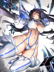 Rule 34 | 1girl, absurdres, bad id, bad pixiv id, black hair, boots, breasts, cameltoe, cleavage, covered erect nipples, gloves, gluteal fold, highres, holding, holding sword, holding weapon, jinlin, kill la kill, kiryuuin satsuki, large breasts, long hair, looking at viewer, midair, navel, outstretched arm, parted lips, purple eyes, revealing clothes, simple background, solo, stomach, sword, thigh boots, very long hair, weapon, white background, white footwear, white gloves