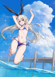 Rule 34 | 1girl, :d, armpits, barefoot, bikini, black hairband, blonde hair, blue bikini, blue eyes, blue sky, breasts, cloud, commentary request, day, hairband, highres, jumping, kantai collection, long hair, looking at viewer, ocean, open mouth, outdoors, revision, shimakaze (kancolle), side-tie bikini bottom, sky, small breasts, smile, solo, swimsuit, takanashi kei (hitsujikan), toes