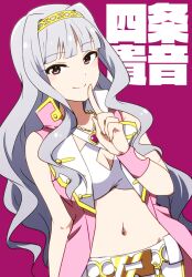 Rule 34 | 1girl, blush, breasts, chain belt, character name, cleavage, closed mouth, crop top, cropped shirt, dot nose, gold belt, grey hair, hairband, hand up, idolmaster, idolmaster (classic), idolmaster million live!, idolmaster million live! theater days, index finger raised, jacket, jewelry, kidachi, large breasts, long hair, looking at viewer, midriff, navel, necklace, open clothes, open jacket, pants, pink diamond 765 (idolmaster), pink jacket, purple background, purple eyes, shijou takane, shirt, simple background, sleeveless, sleeveless jacket, smile, solo, upper body, white pants, white shirt, yellow hairband