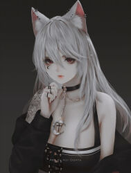 Rule 34 | 1girl, animal ear fluff, animal ears, aoi ogata, artist name, bare shoulders, black jacket, breasts, cleavage, clip studio paint (medium), closed mouth, commentary, commission, copyright request, crescent, ear piercing, english commentary, grey background, grey hair, hair between eyes, hand up, highres, jacket, long hair, long sleeves, looking at viewer, medium breasts, off shoulder, piercing, puffy long sleeves, puffy sleeves, red eyes, red lips, solo, upper body, watermark