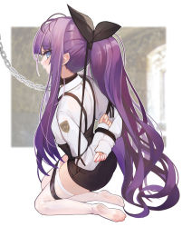 Rule 34 | 1girl, alternate costume, alternate hairstyle, azur lane, blouse, blue eyes, blurry, blurry background, bound, bound arms, chain, chain leash, collar, commentary request, hair ribbon, highres, leash, long hair, looking at viewer, looking back, ponytail, pupps, ribbon, shirt, short shorts, shorts, solo, tashkent (azur lane), tashkent (the bound cruiser) (azur lane), thighhighs, white shirt, white thighhighs