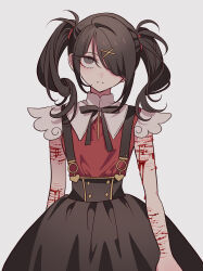 Rule 34 | 1girl, absurdres, ame-chan (needy girl overdose), angel wings, black bow, black bowtie, black eyes, black hair, black skirt, bleeding, blood, blood on arm, bow, bowtie, breasts, commentary request, cuts, cutting, empty eyes, expressionless, fake wings, frown, grey background, hair ornament, hair over one eye, highres, injury, looking up, medium breasts, meremero, messy hair, needy girl overdose, red shirt, self-harm, shirt, simple background, skirt, solo, suspenders, twintails, wings, wrist cutting, x hair ornament