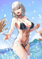 Rule 34 | 1girl, bare shoulders, beach, bikini, black bikini, blue sky, blush, breasts, cleavage, collarbone, eden grenze, grey hair, jewelry, kageshio (276006), large breasts, looking at viewer, navel, necklace, ocean, one eye closed, open mouth, short hair, silver (eden), sky, smile, swimsuit, thighs, wading