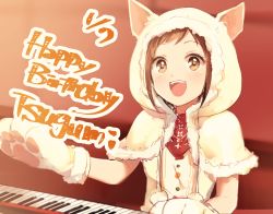 Rule 34 | 1girl, :d, animal hands, animal hood, bandana, bang dream!, brown eyes, brown hair, capelet, character name, dated, dog hood, fur-trimmed capelet, fur-trimmed hood, fur trim, gloves, happy birthday, hazawa tsugumi, hood, hood up, hooded capelet, instrument, keyboard (instrument), komachi narota, looking at viewer, music, open mouth, paw gloves, playing instrument, red bandana, short hair, smile, solo, upper body